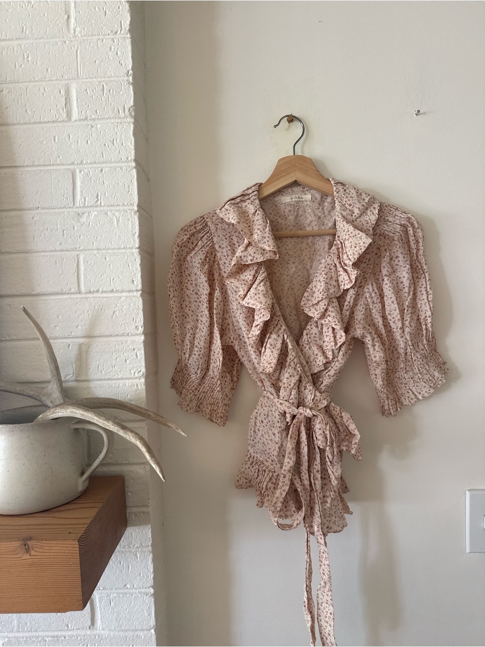 Doen Blush Floral Ruffled Wrap Blouse